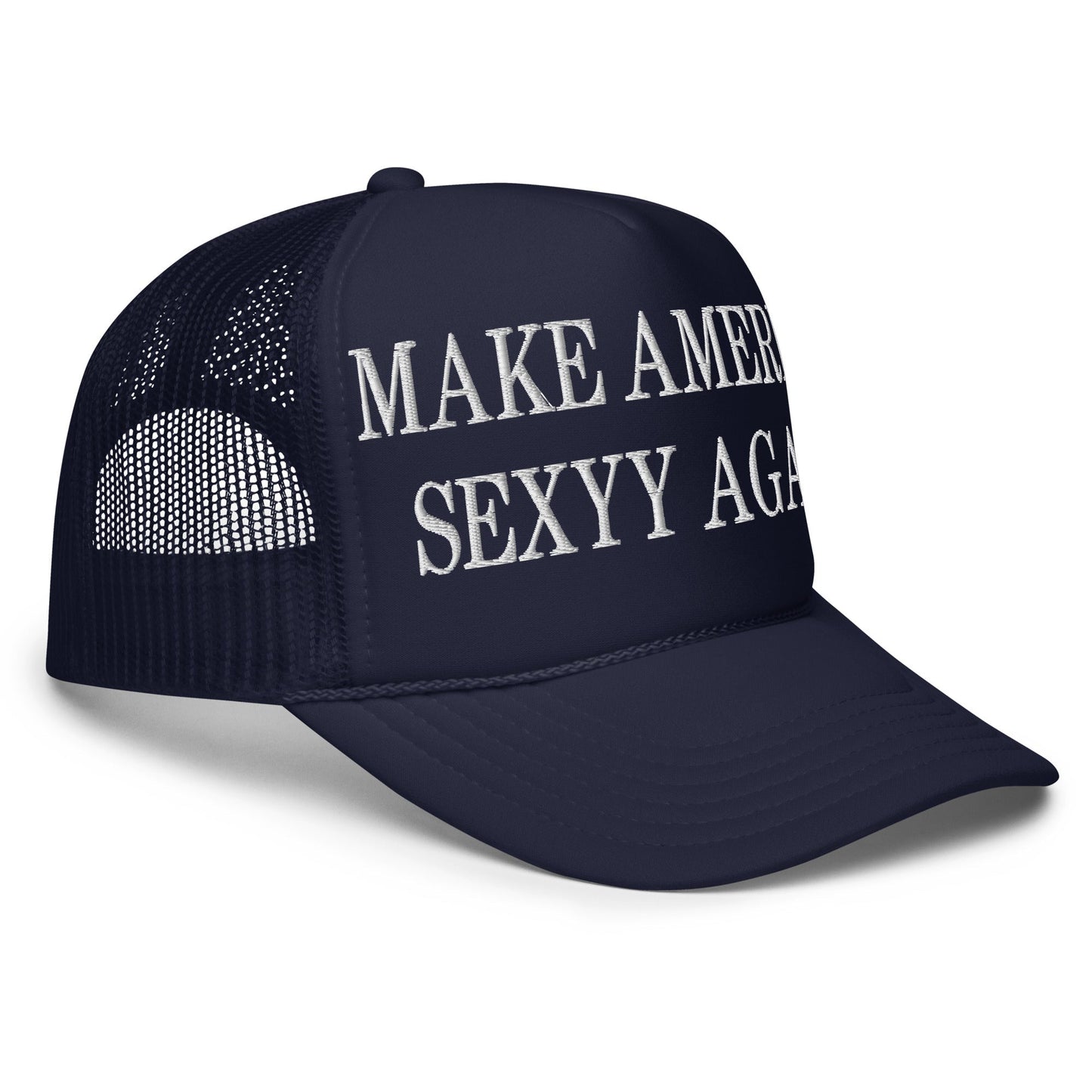 Navy blue Make America Sexyy embroidered foam trucker hat for fashionable headwear