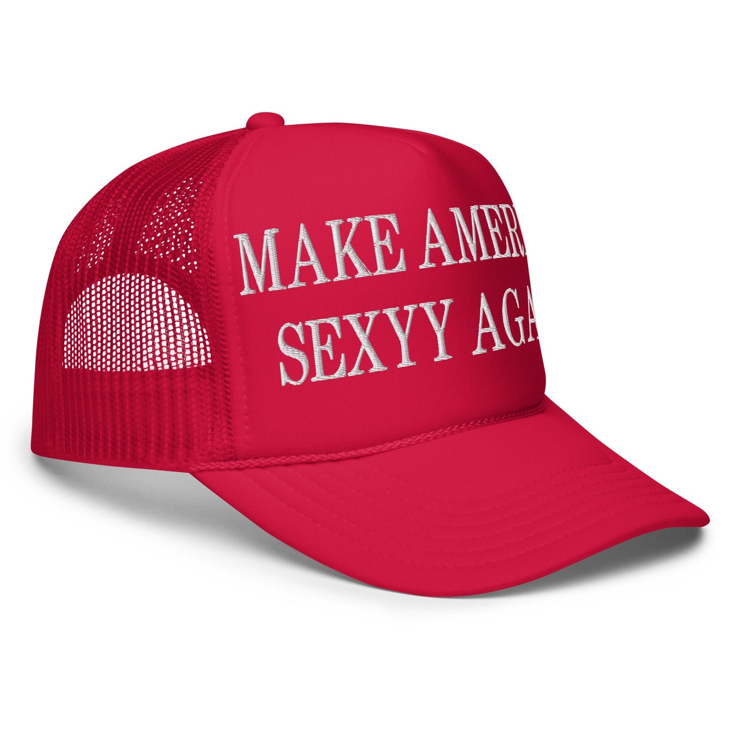 Red trucker hat with Make America Sexyy embroidered foam trucker hat design