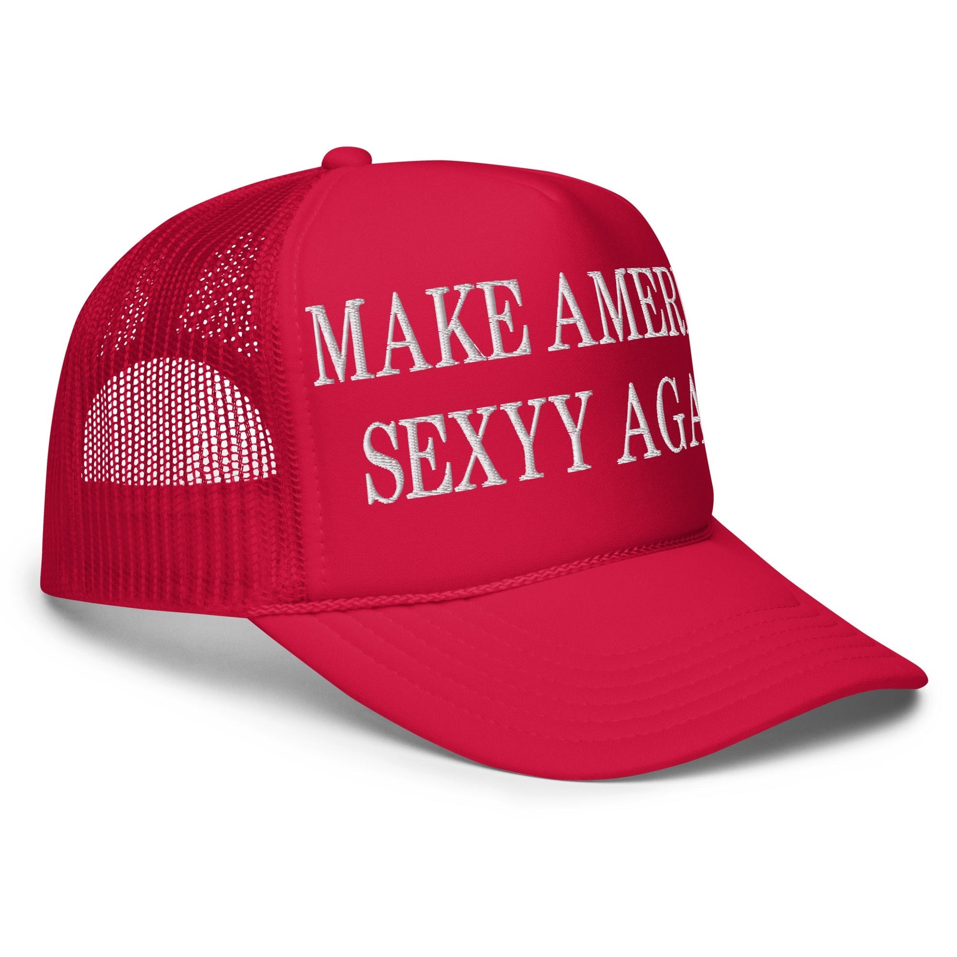 Red trucker hat with Make America Sexyy embroidered foam trucker hat design