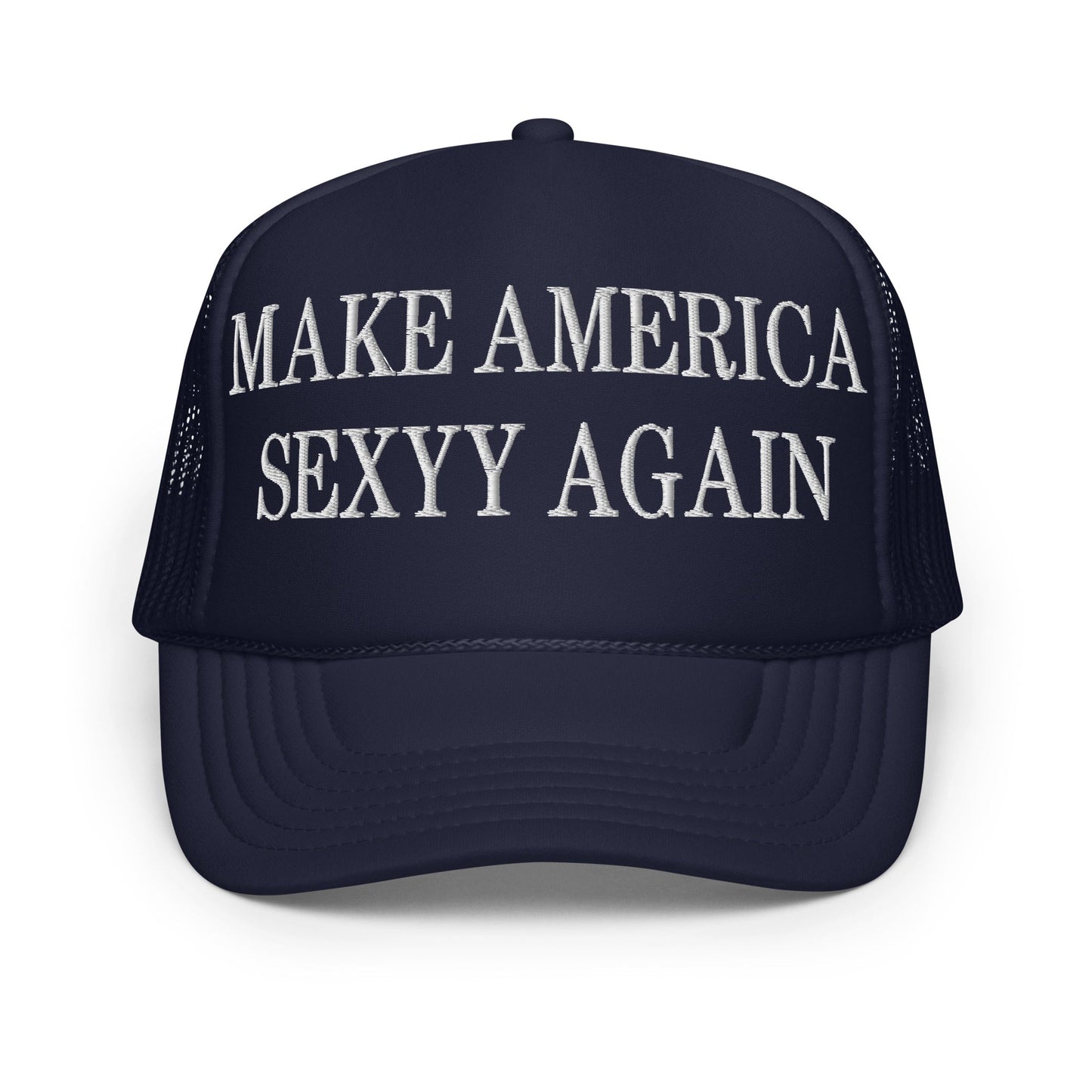 Dark blue Make America Sexyy embroidered foam trucker hat for fashionable streetwear