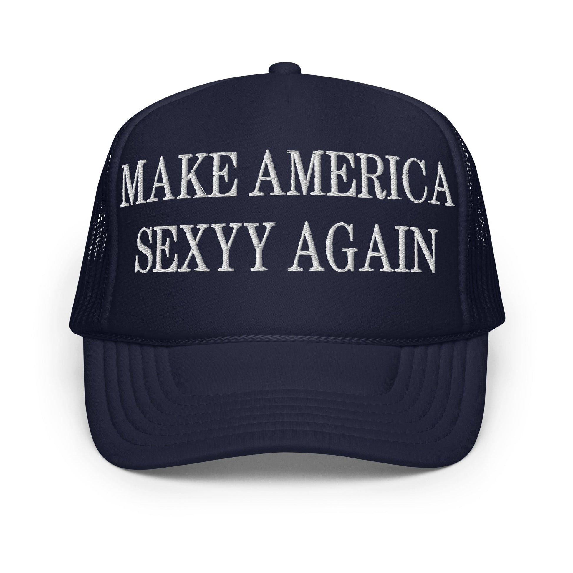 Dark blue Make America Sexyy embroidered foam trucker hat for fashionable streetwear