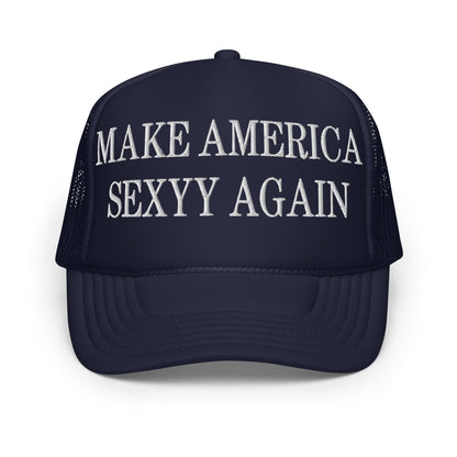 Dark blue Make America Sexyy embroidered foam trucker hat for fashionable streetwear