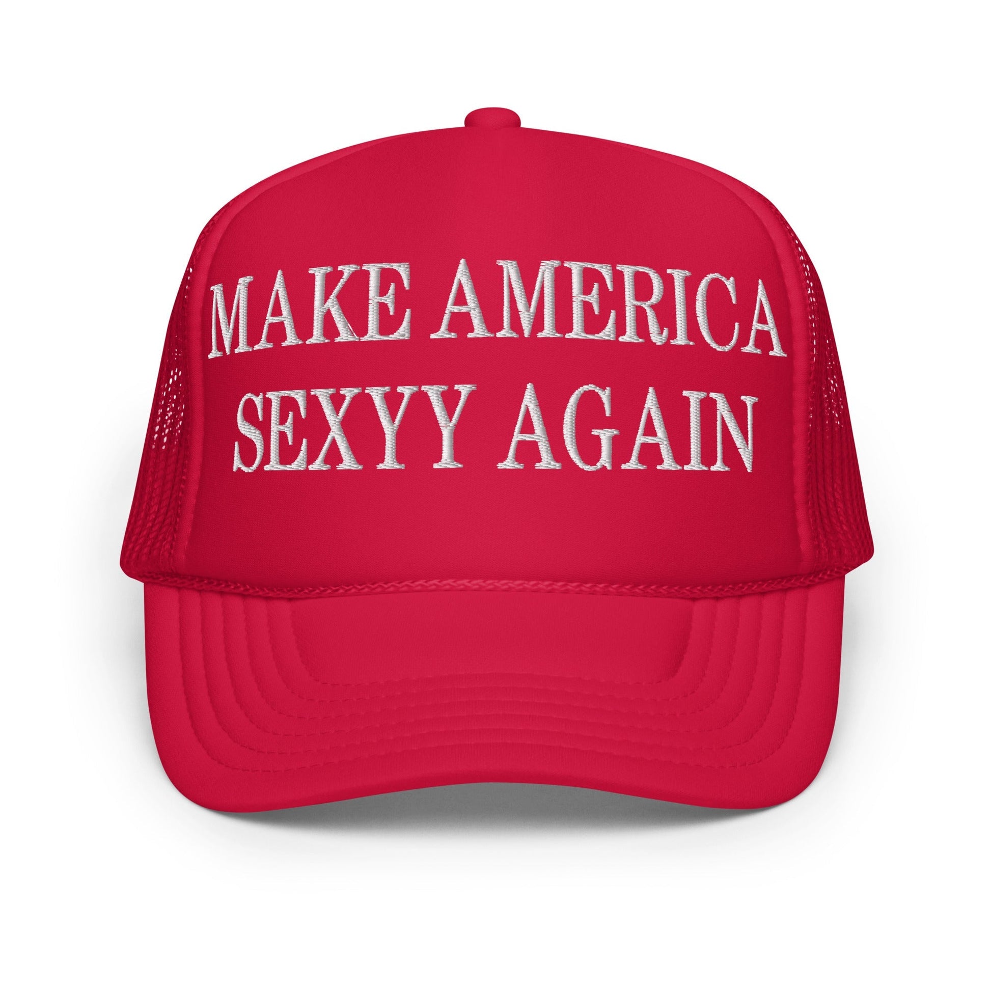 Red trucker hat with embroidered text Make America Sexyy for stylish headwear