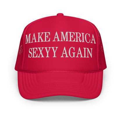 Red trucker hat with embroidered text Make America Sexyy for stylish headwear
