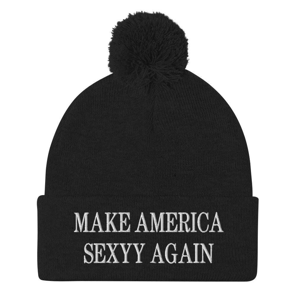 Make America Sexyy Again Embroidered Knit Pom Beanie - Black