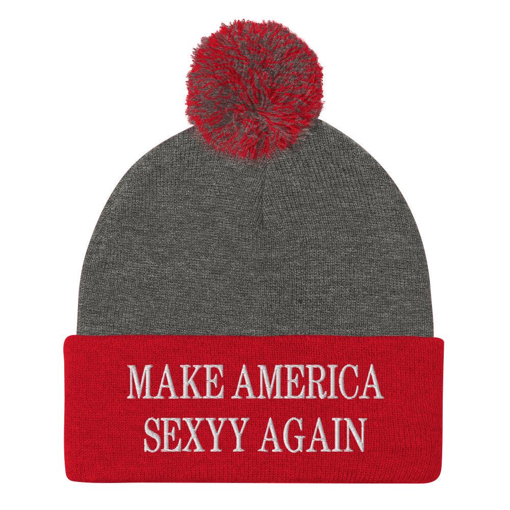 Make America Sexyy Again Embroidered Knit Pom Beanie - Dark Heather Grey/ Red