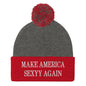 Make America Sexyy Again Embroidered Knit Pom Beanie - Dark Heather Grey/ Red