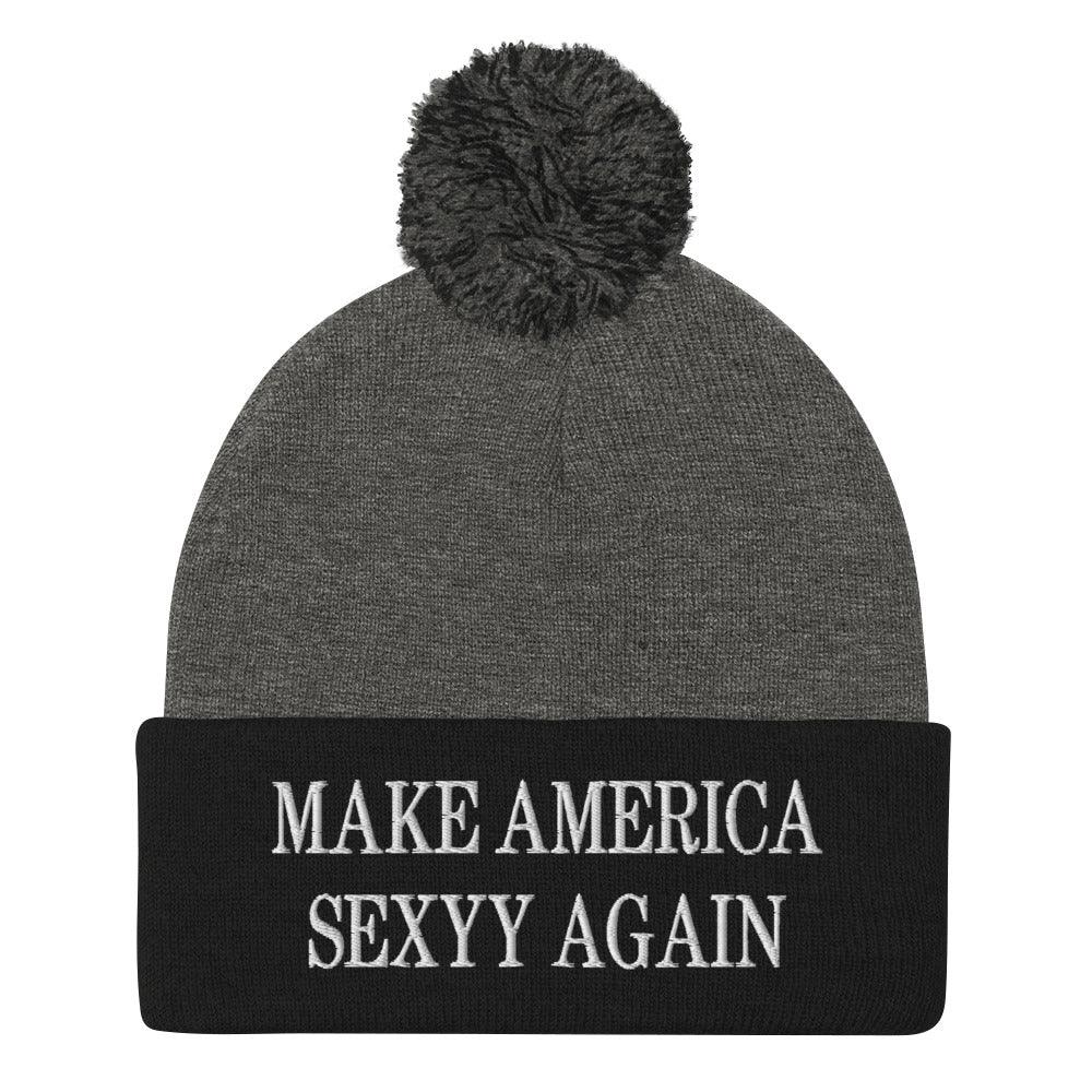 Make America Sexyy Again Embroidered Knit Pom Beanie - Dark Heather Grey/ Black