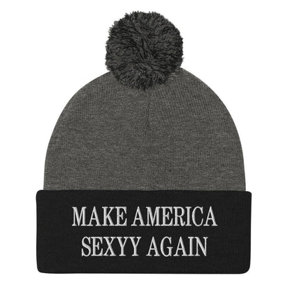Make America Sexyy Again Embroidered Knit Pom Beanie - Dark Heather Grey/ Black