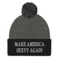Make America Sexyy Again Embroidered Knit Pom Beanie - Dark Heather Grey/ Black