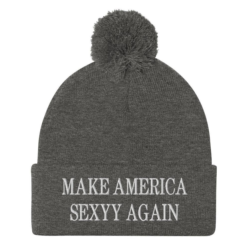 Make America Sexyy Again Embroidered Knit Pom Beanie - Dark Heather Grey