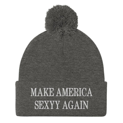Make America Sexyy Again Embroidered Knit Pom Beanie - Dark Heather Grey