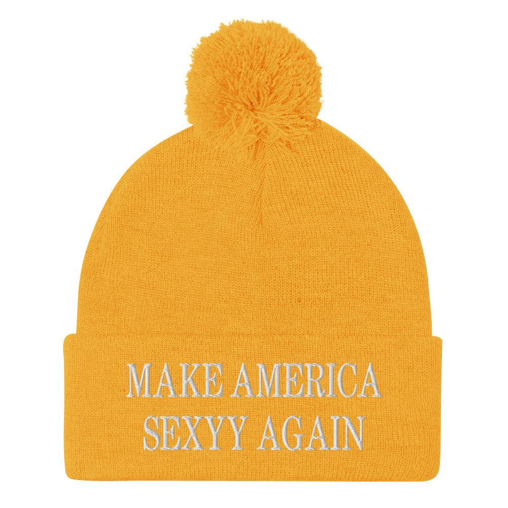 Make America Sexyy Again Embroidered Knit Pom Beanie - Gold