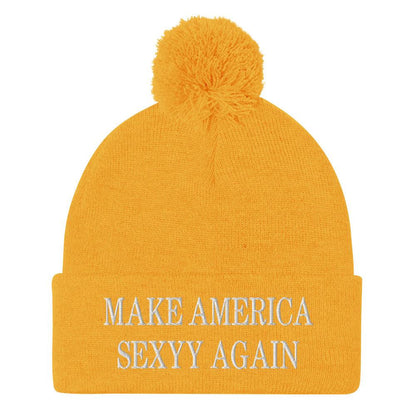 Make America Sexyy Again Embroidered Knit Pom Beanie - Gold