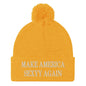 Make America Sexyy Again Embroidered Knit Pom Beanie - Gold