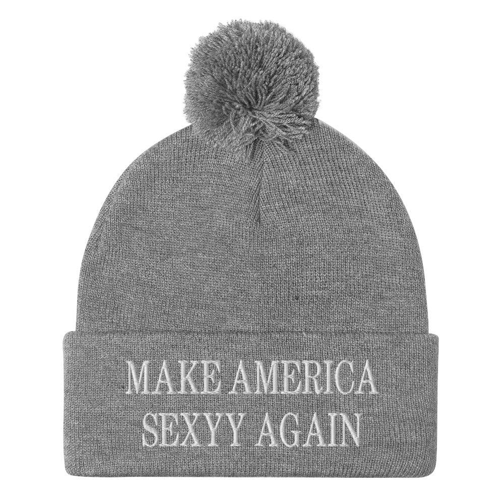 Make America Sexyy Again Embroidered Knit Pom Beanie - Heather Grey