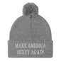 Make America Sexyy Again Embroidered Knit Pom Beanie - Heather Grey