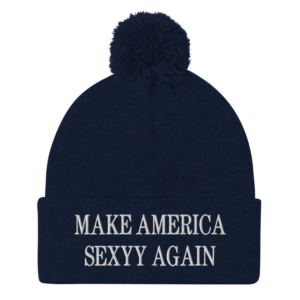 Make America Sexyy Again Embroidered Knit Pom Beanie - Navy