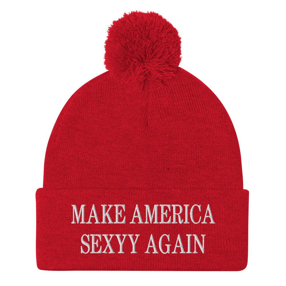 Make America Sexyy Again Embroidered Knit Pom Beanie - Red