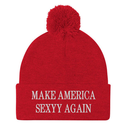 Make America Sexyy Again Embroidered Knit Pom Beanie - Red