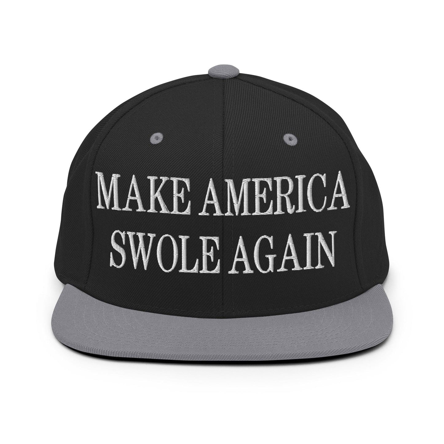Make America Swole Again Embroidered Flat Bill Brim Snapback Hat - Black/ Silver