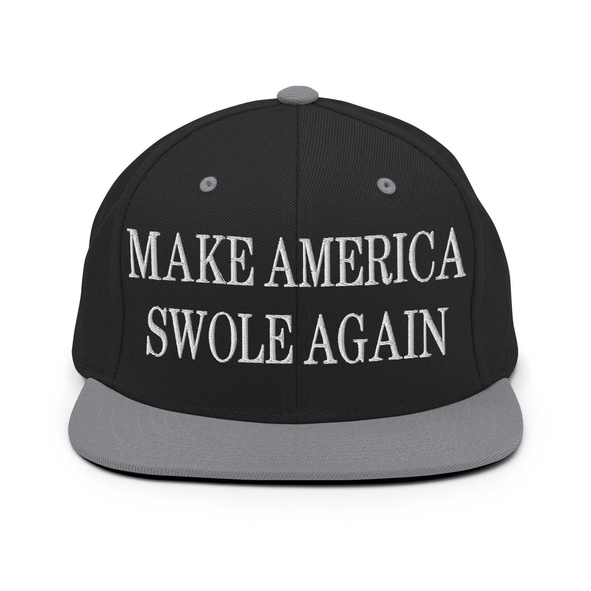 Make America Swole Again Embroidered Flat Bill Brim Snapback Hat - Black/ Silver