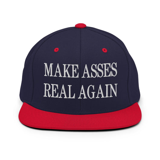 Make Asses Real Again Embroidered Flat Bill Brim Snapback Hat - Navy/ Red