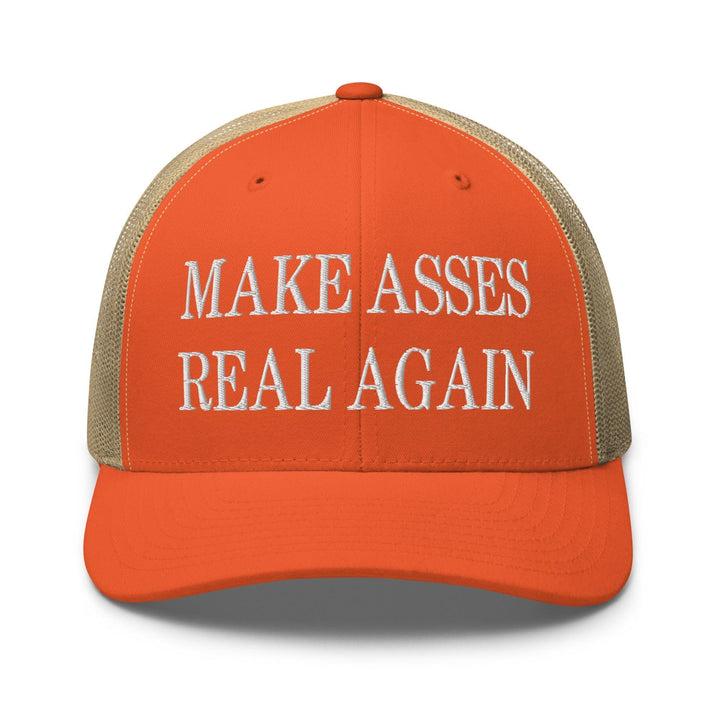 Make Asses Real Again Embroidered Mesh Trucker Hat - Rustic Orange/ Khaki