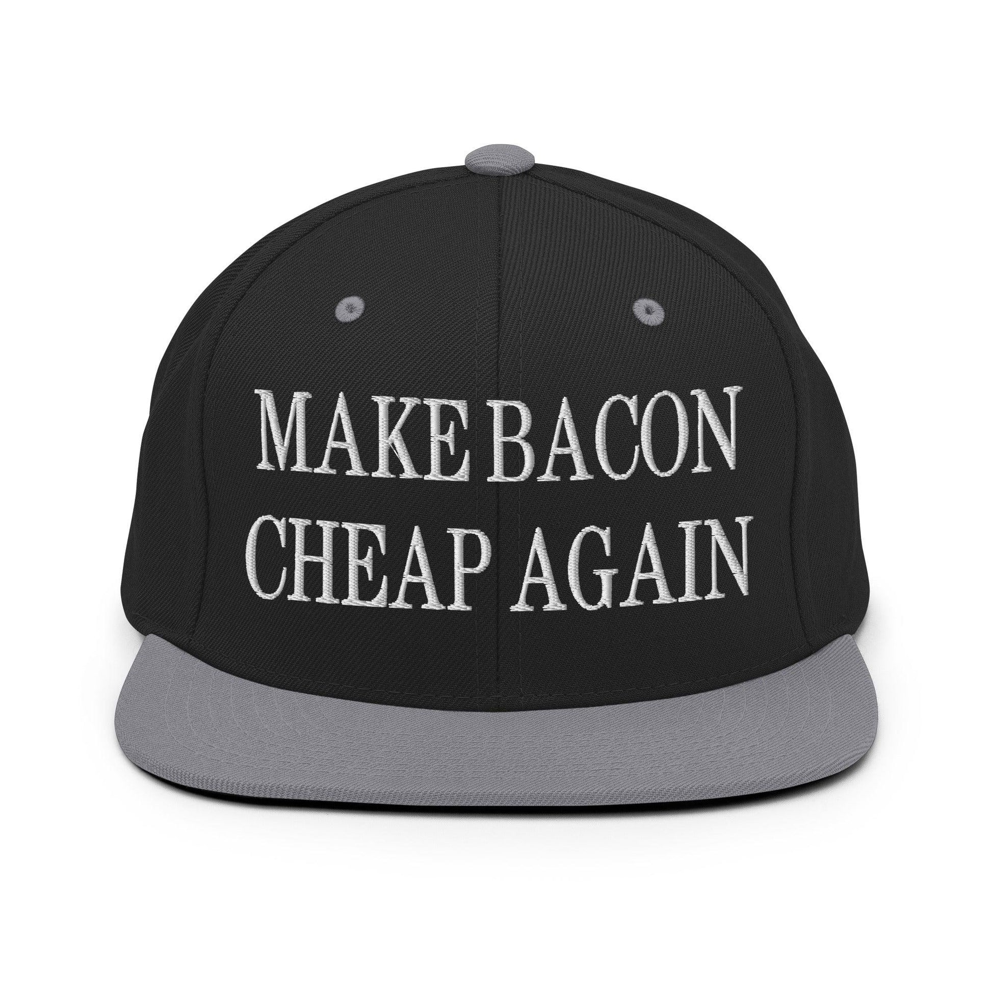 Make Bacon It Again Embroidered Flat Bill Brim Snapback Hat - Black/ Silver