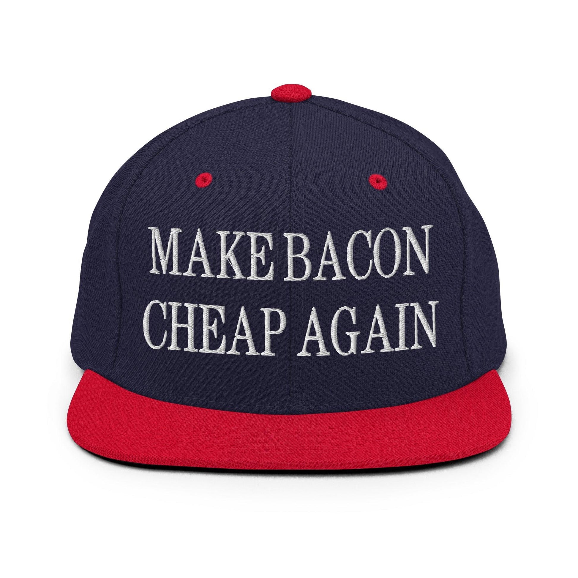 Make Bacon It Again Embroidered Flat Bill Brim Snapback Hat - Navy/ Red