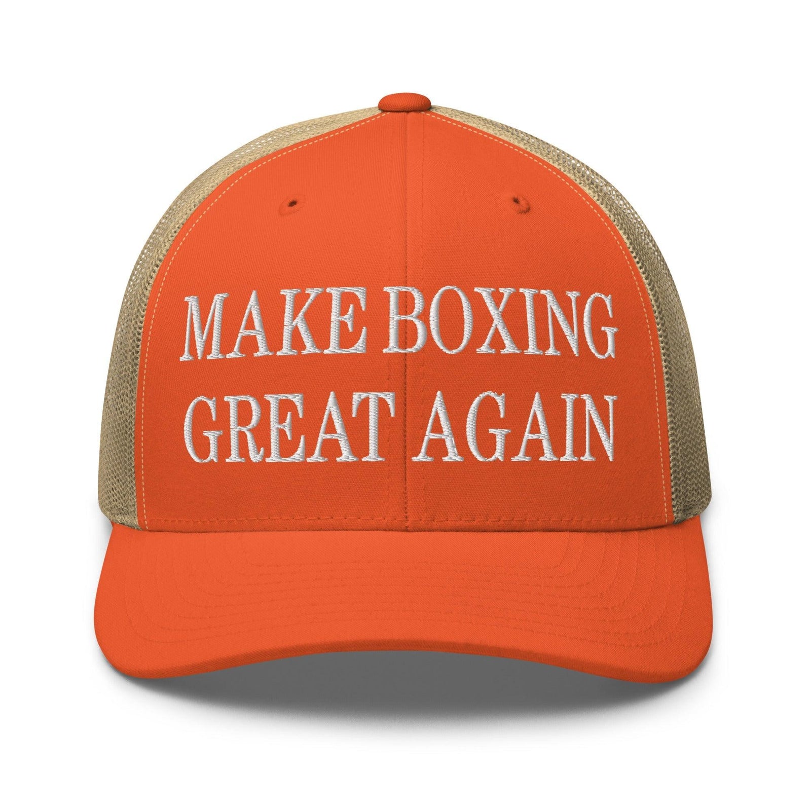 Make Boxing Great Again Embroidered Mesh Trucker Hat - Rustic Orange/ Khaki