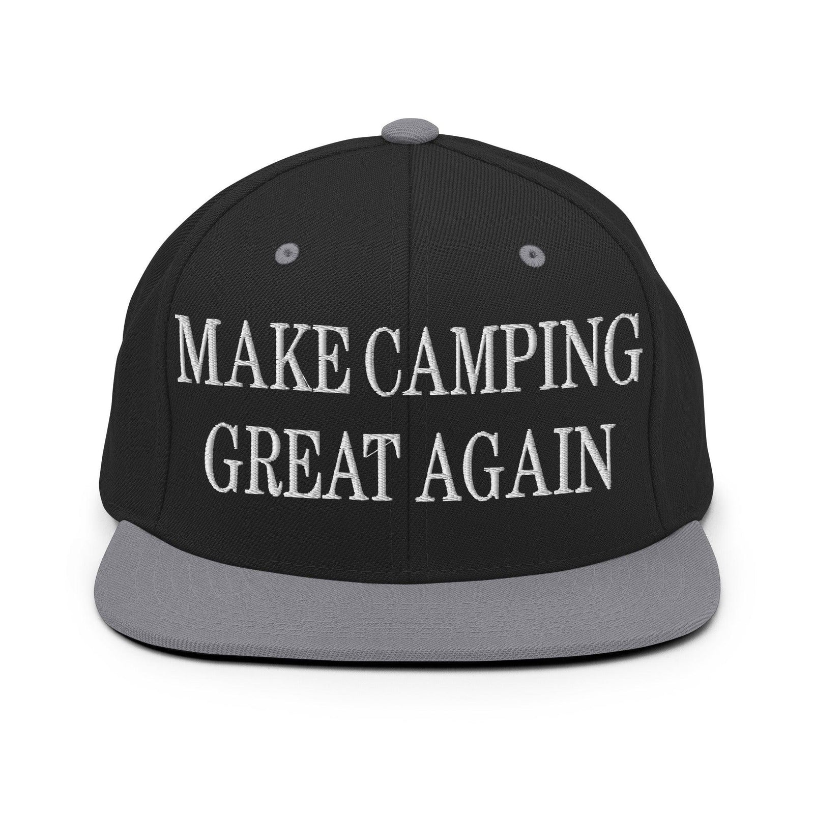 Make Camping Great Again Embroidered Flat Bill Brim Snapback Hat - Black/ Silver