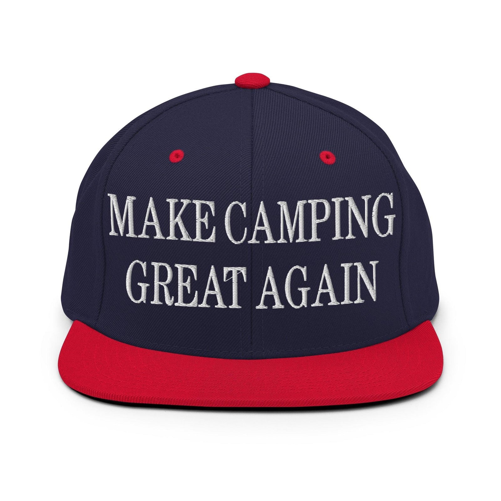 Make Camping Great Again Embroidered Flat Bill Brim Snapback Hat - Navy/ Red