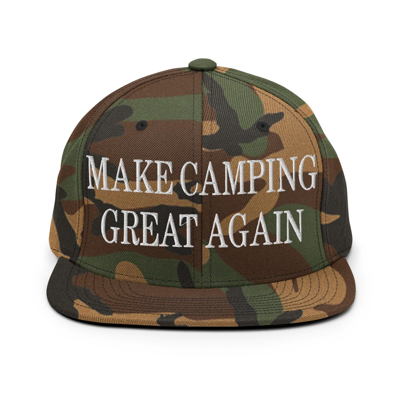 Make Camping Great Again Embroidered Flat Bill Brim Snapback Hat - Green Camo