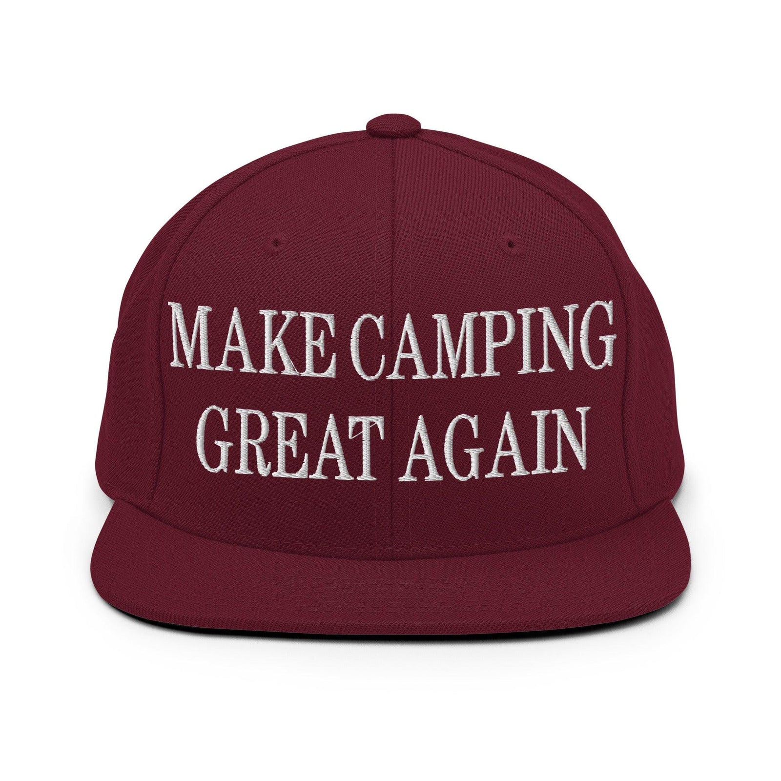 Make Camping Great Again Embroidered Flat Bill Brim Snapback Hat - Maroon