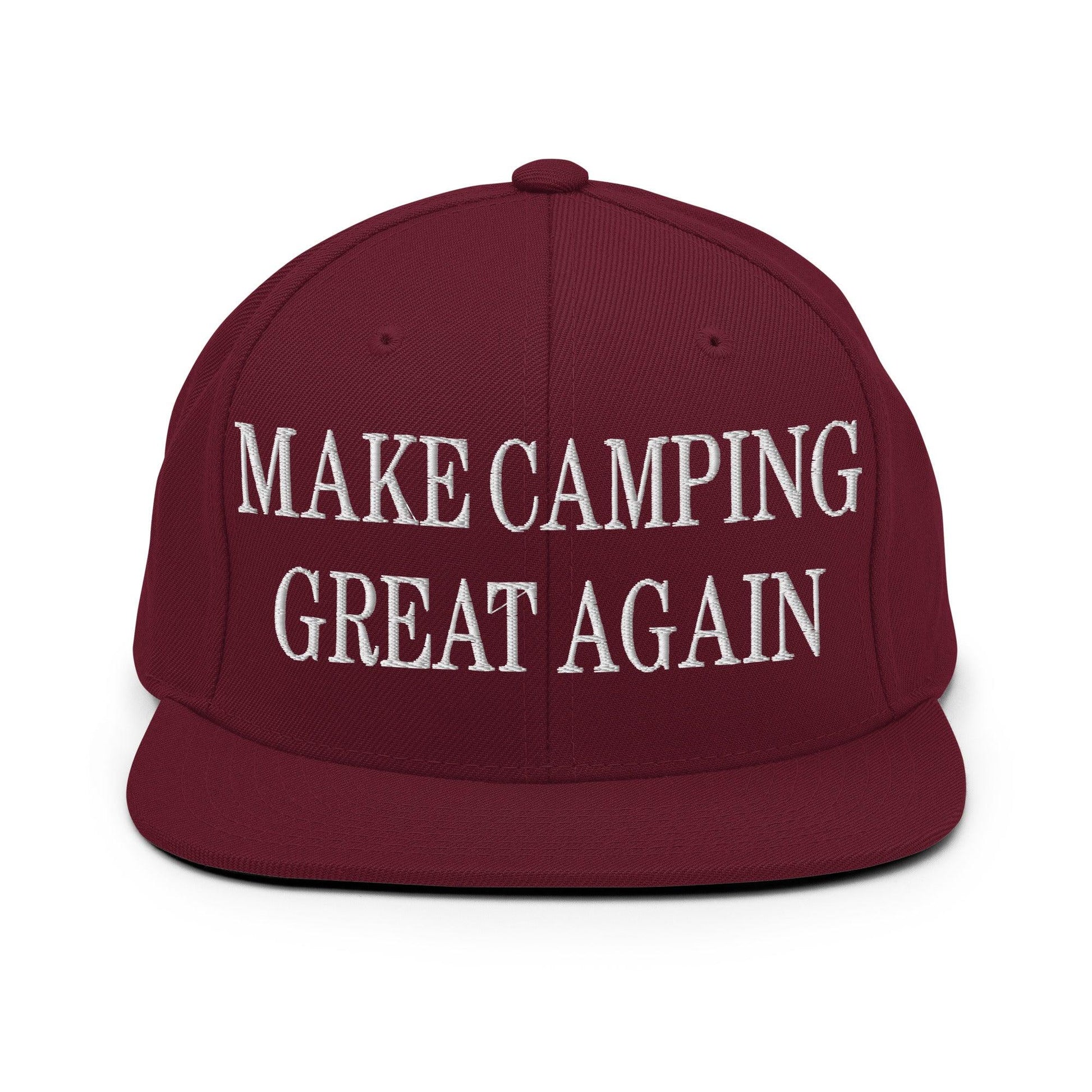 Make Camping Great Again Embroidered Flat Bill Brim Snapback Hat - Maroon