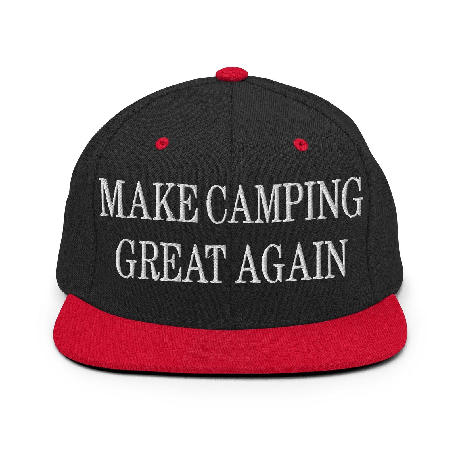 Make Camping Great Again Embroidered Flat Bill Brim Snapback Hat - Black/ Red
