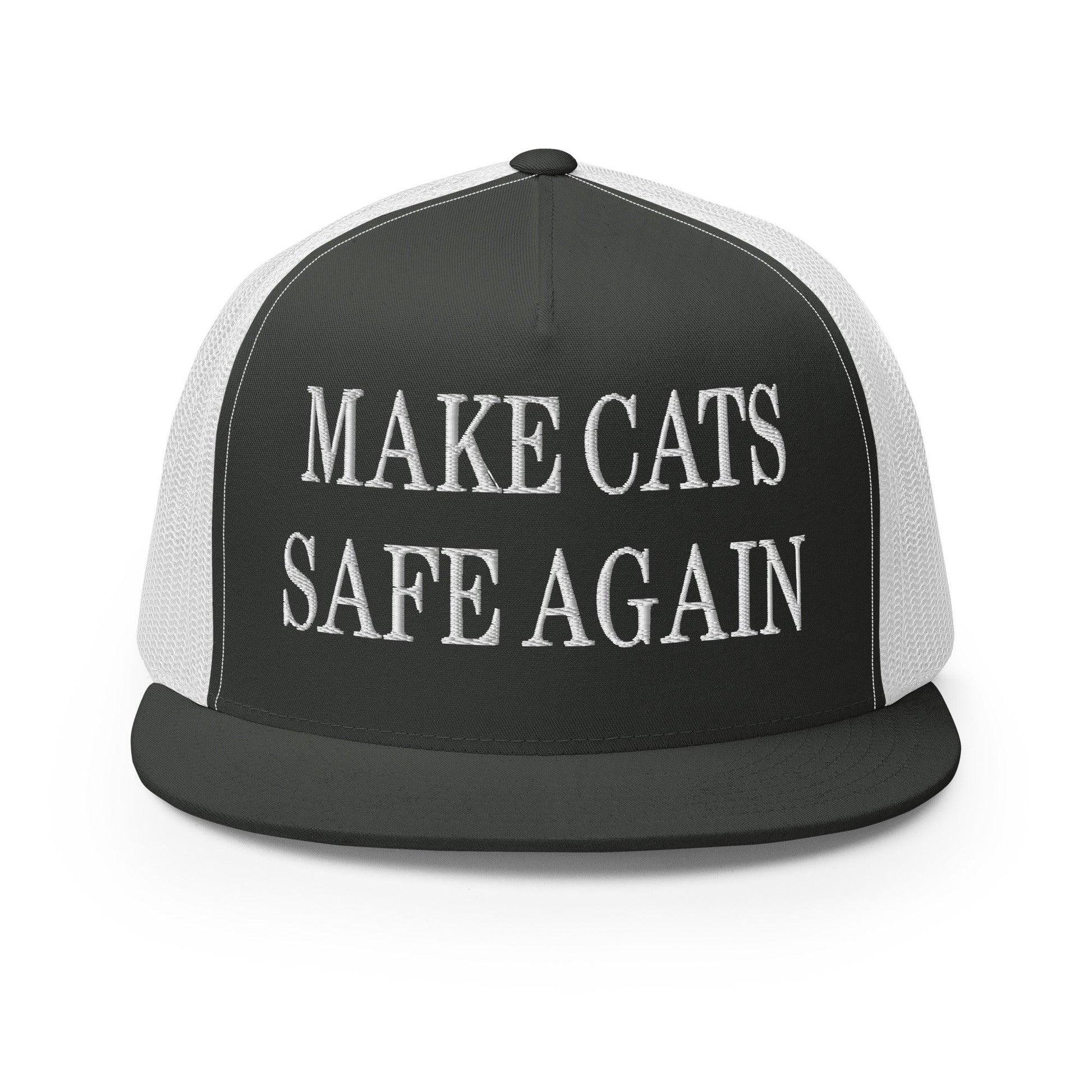 Make Cats Safe Again Embroidered Mesh Flat Bill Brim Trucker Hat - Charcoal/ White