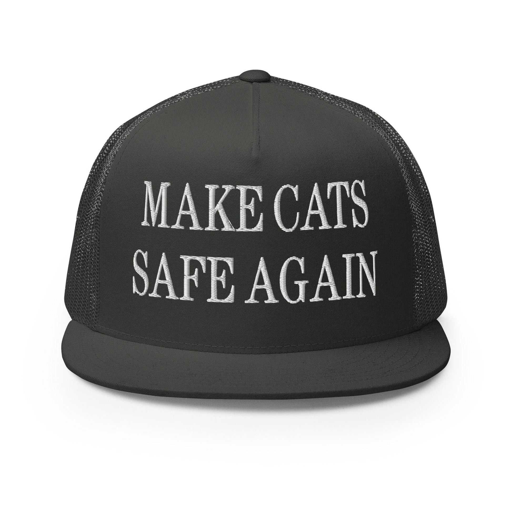 Make Cats Safe Again Embroidered Mesh Flat Bill Brim Trucker Hat - Charcoal