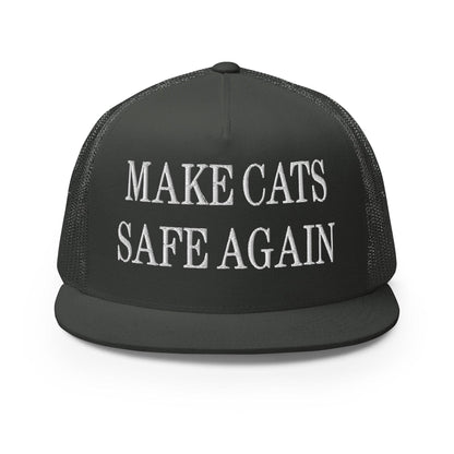 Make Cats Safe Again Embroidered Mesh Flat Bill Brim Trucker Hat - Charcoal