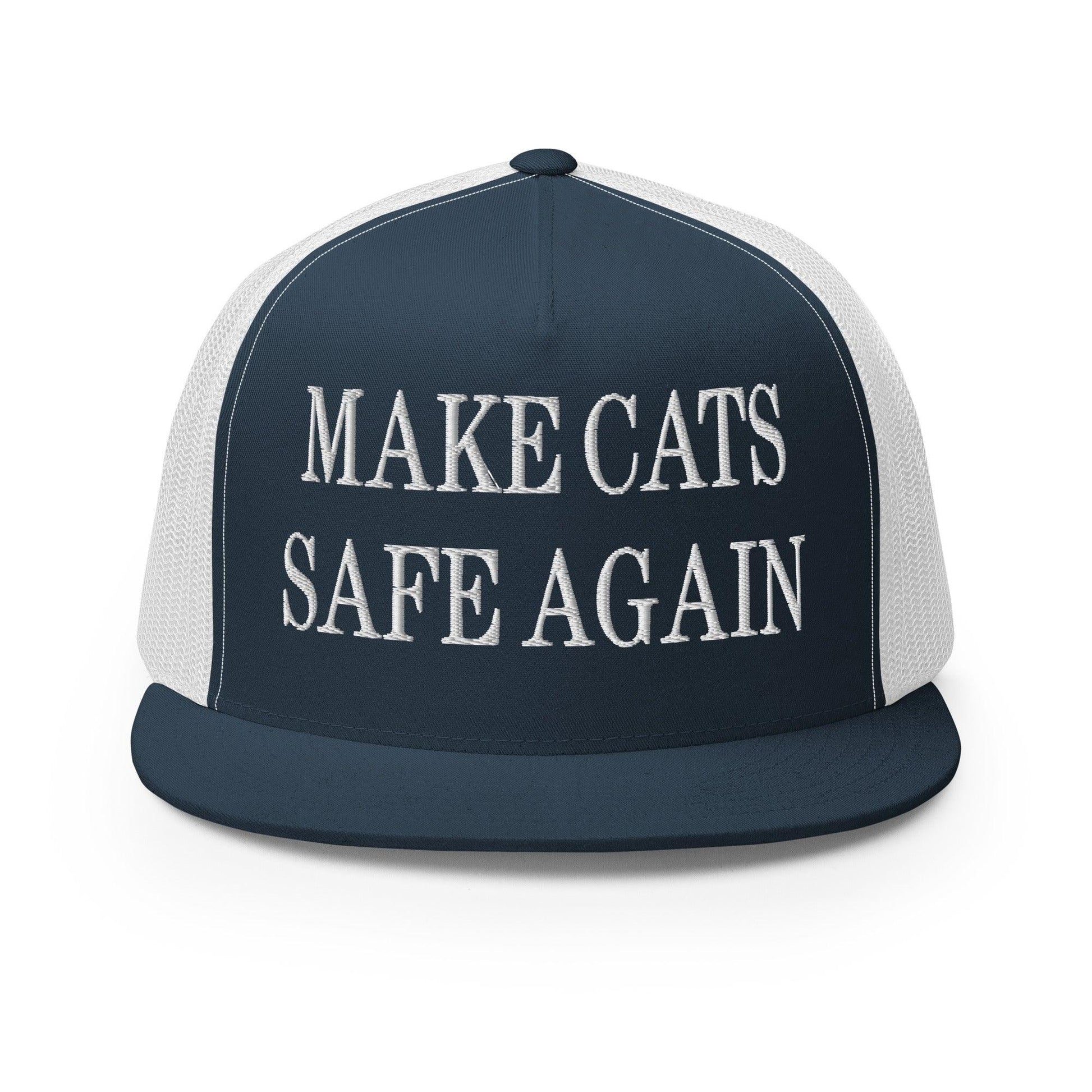 Make Cats Safe Again Embroidered Mesh Flat Bill Brim Trucker Hat - Navy/ White