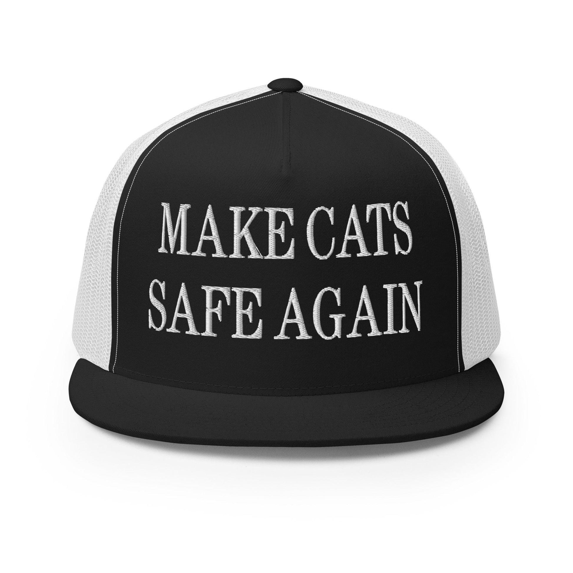 Make Cats Safe Again Embroidered Mesh Flat Bill Brim Trucker Hat - Black/ White