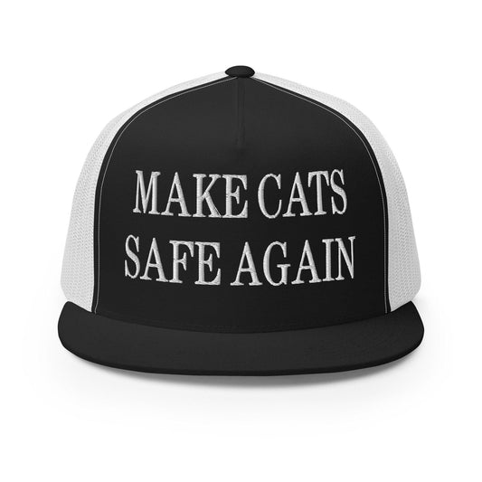Make Cats Safe Again Embroidered Mesh Flat Bill Brim Trucker Hat - Black/ White