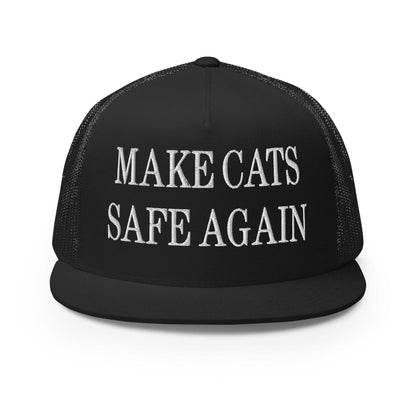 Make Cats Safe Again Embroidered Mesh Flat Bill Brim Trucker Hat - Black