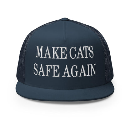 Make Cats Safe Again Embroidered Mesh Flat Bill Brim Trucker Hat - Navy