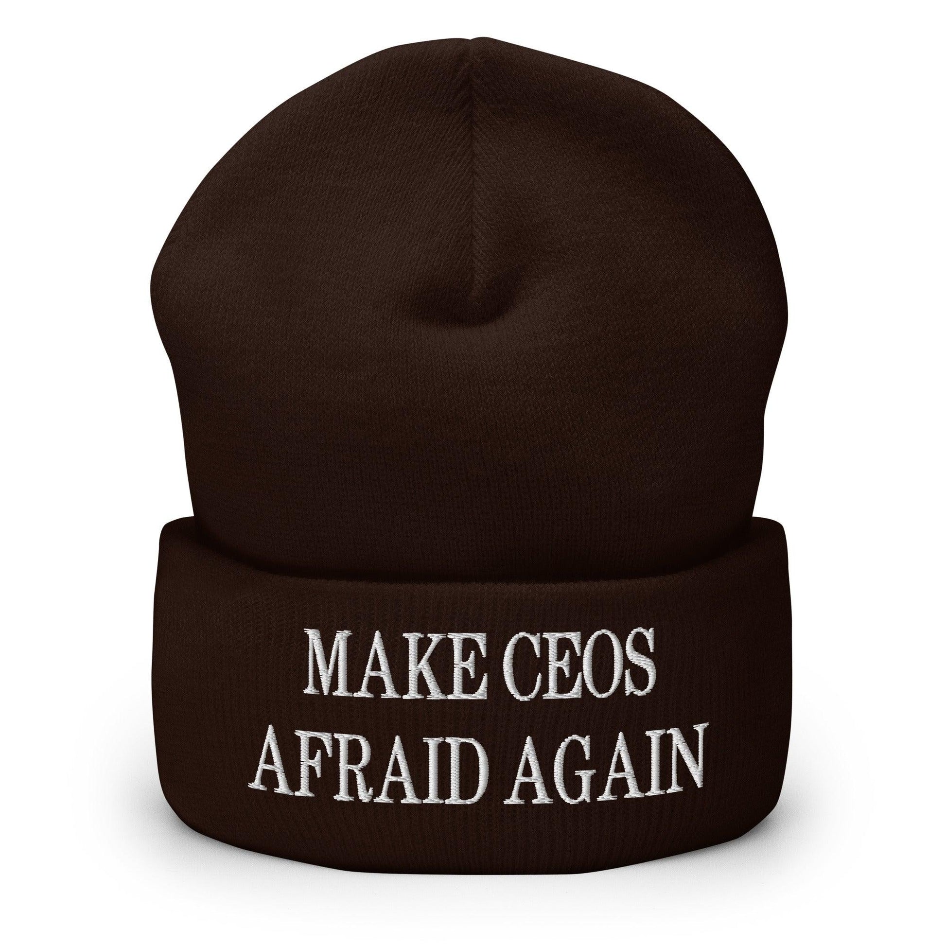 Make CEOs Afraid Again Embroidered Knit Cuffed Beanie - Brown
