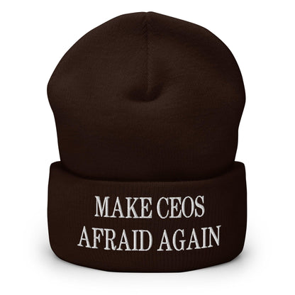 Make CEOs Afraid Again Embroidered Knit Cuffed Beanie - Brown