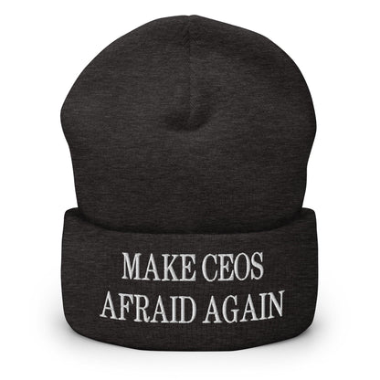 Make CEOs Afraid Again Embroidered Knit Cuffed Beanie - Dark Grey