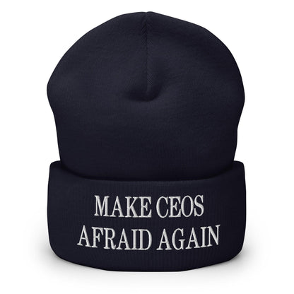 Make CEOs Afraid Again Embroidered Knit Cuffed Beanie - Navy