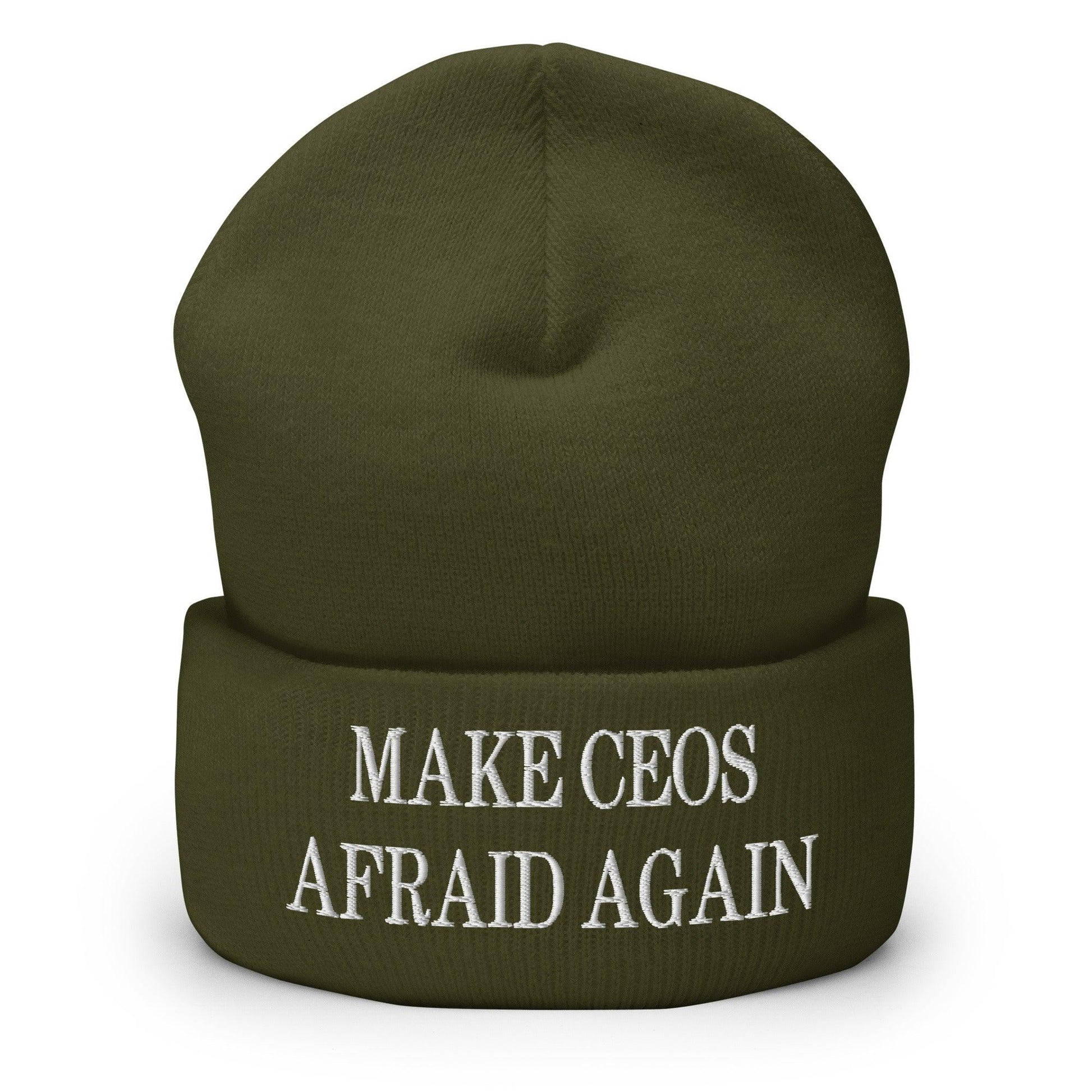 Make CEOs Afraid Again Embroidered Knit Cuffed Beanie - Olive